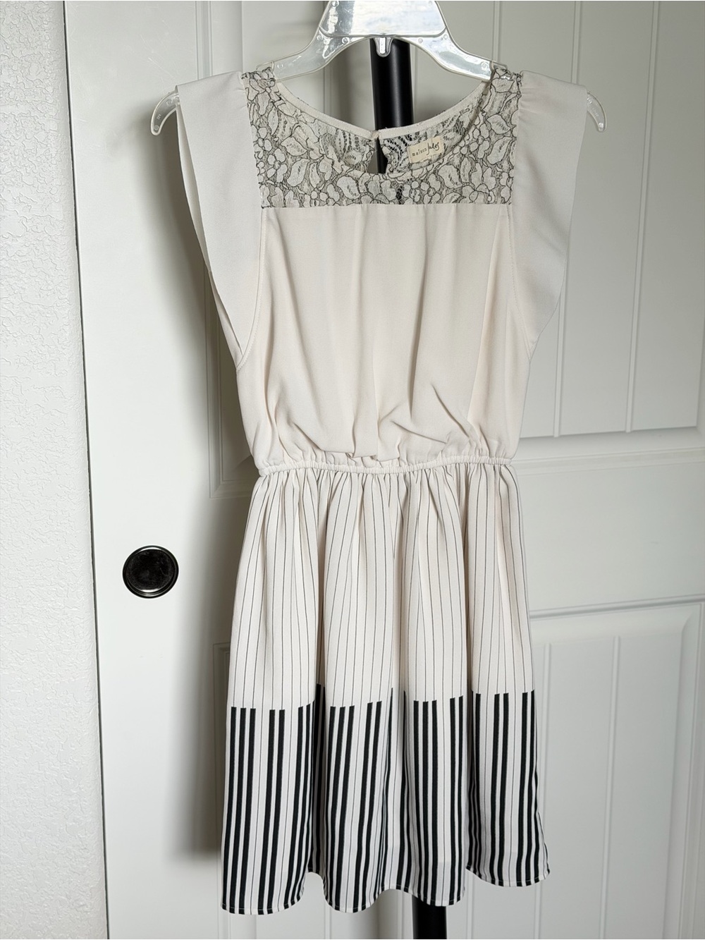 Maison Jules Cream and Black Lace-Accent Fit-and-Flare Dress